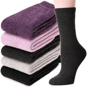 Women Merino Wool Solid Color A Sock 5 Pairs Warm Thick Crew Winter Boot Socks